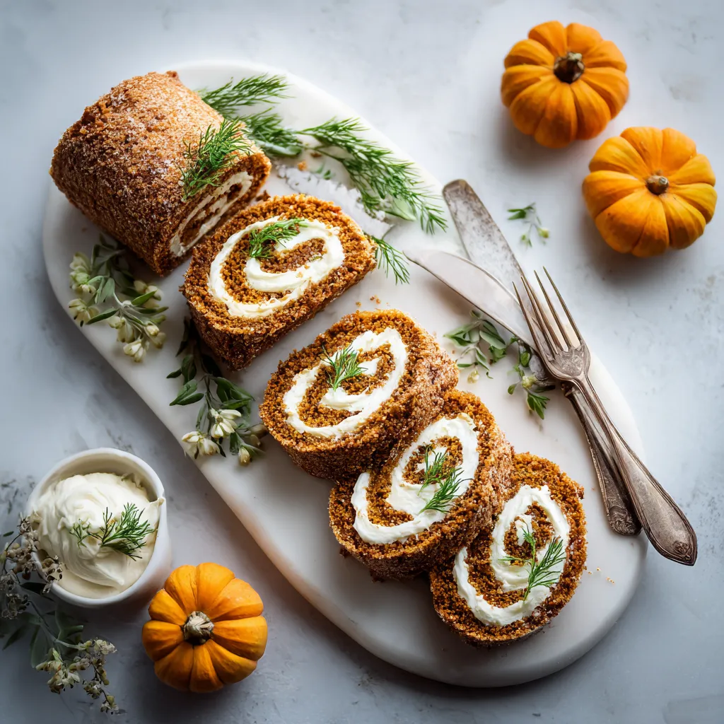 Eye-level shot of a vegan pumpkin roll slice revealing its moist interior and creamy filling.