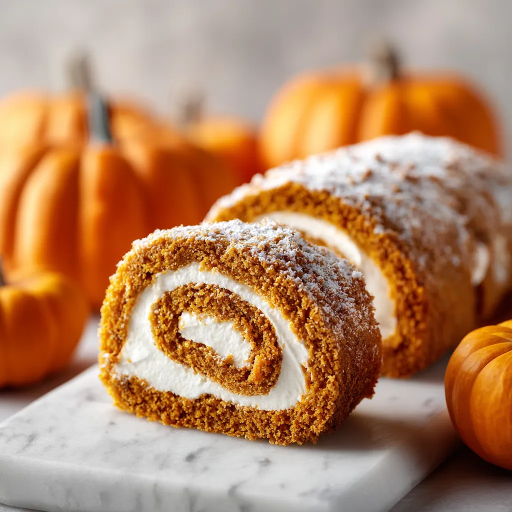 Warm, inviting view of a pumpkin spice roll cake with soft shadows and detailed textures.