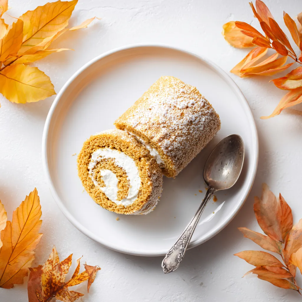 A professional food photograph of a pumpkin roll, showcasing its texture and creamy interior.