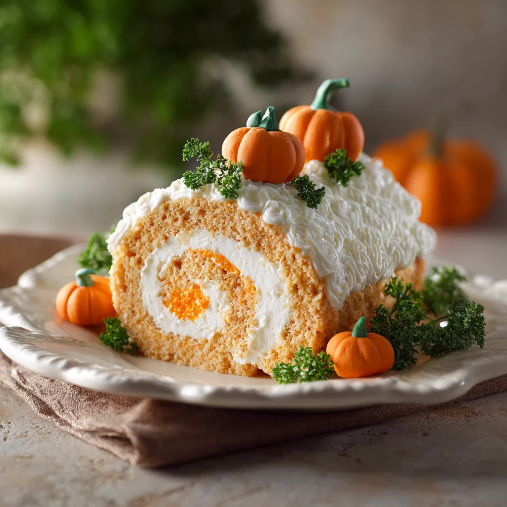 Eye-level view of a pumpkin roll dessert, highlighting the swirl pattern and soft shadows.