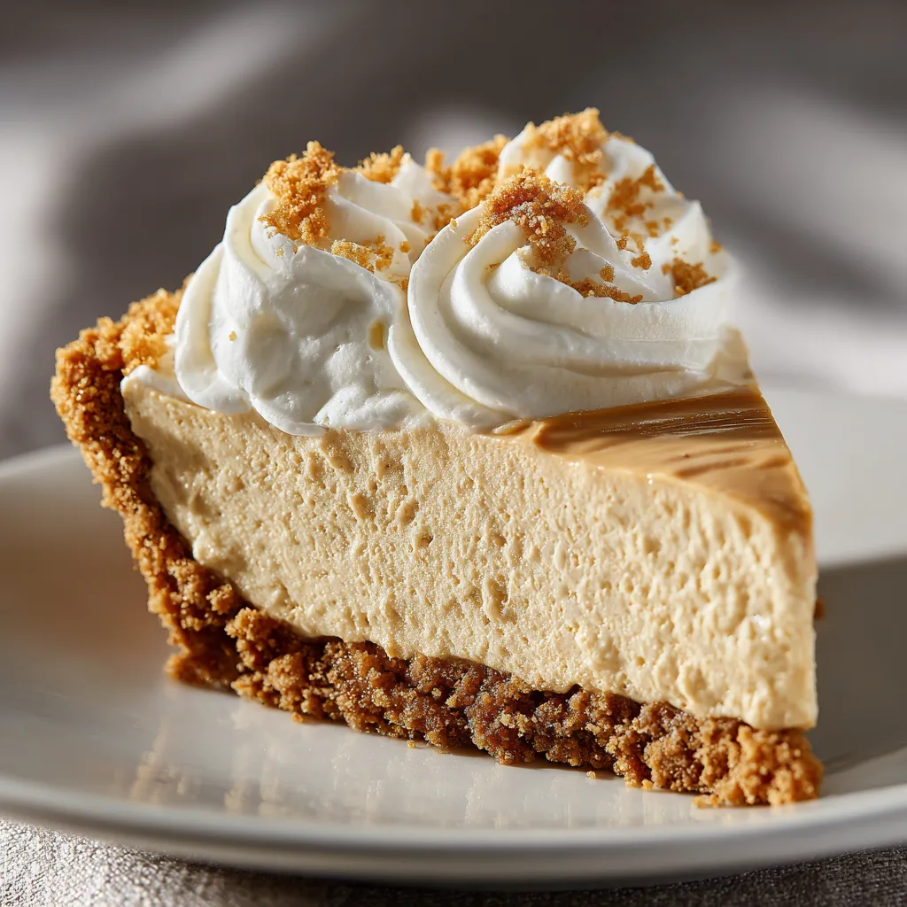 A tantalizing slice of peanut butter pie showcasing its rich creamy texture and golden crust, illuminated by soft light.