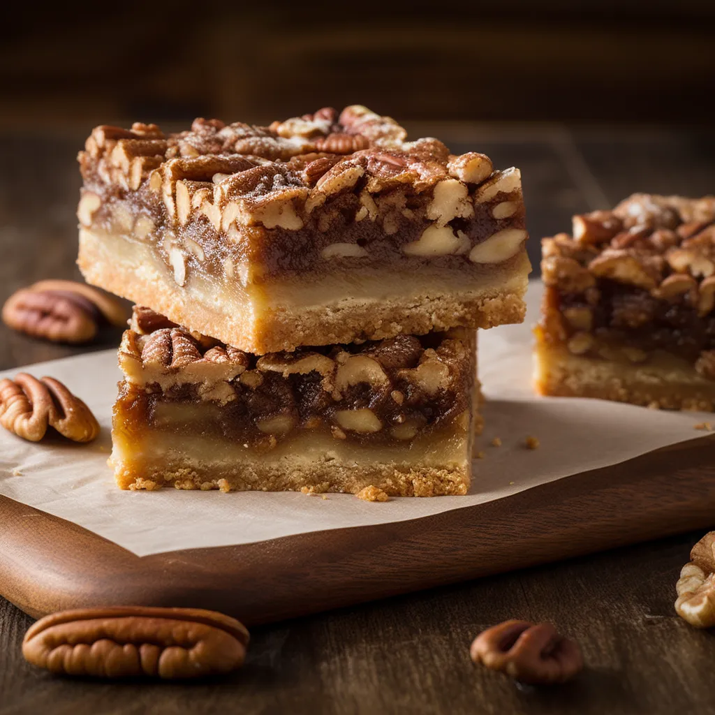 Eye-level shot of sliced Pecan Pie Bars displaying a rich caramel layer and nuts.