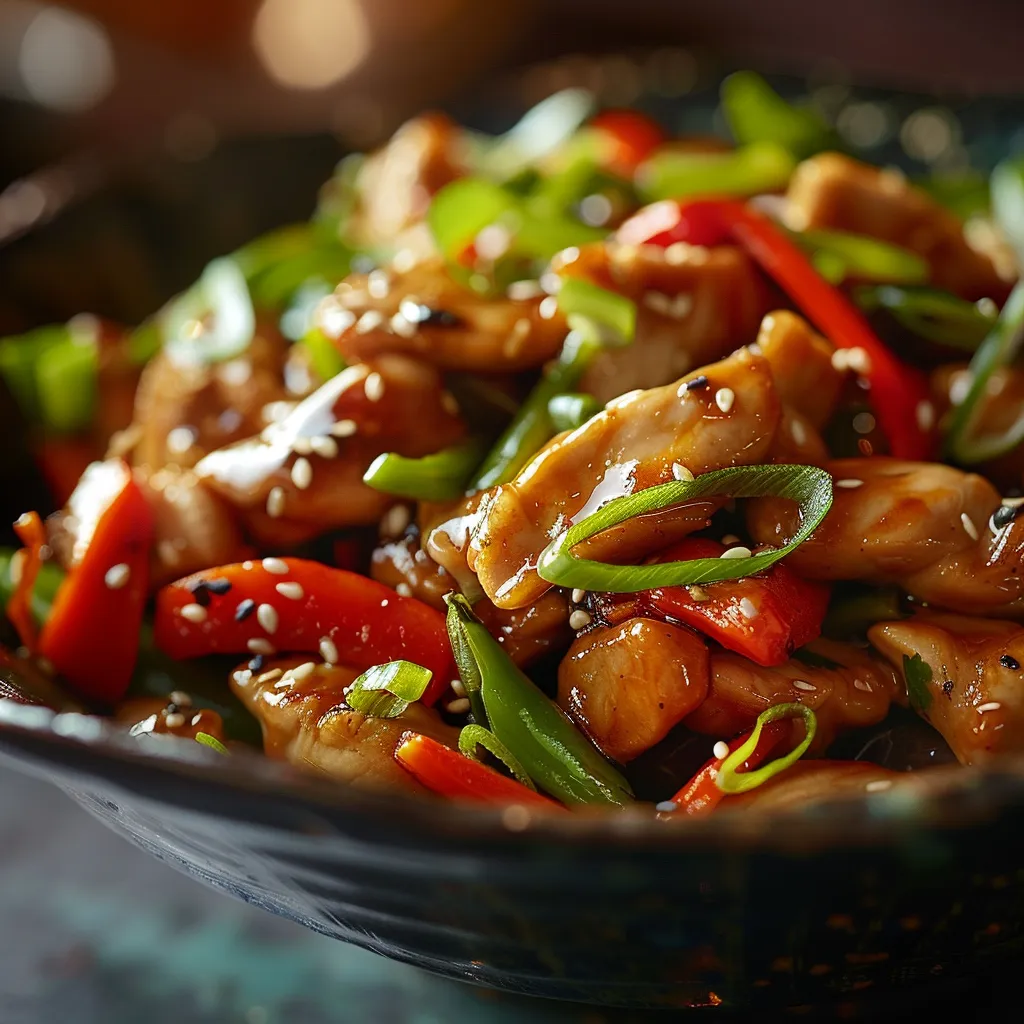 Cozy image of a chicken stir fry, highlighting its rich colors and textures amid a softly blurred background.
