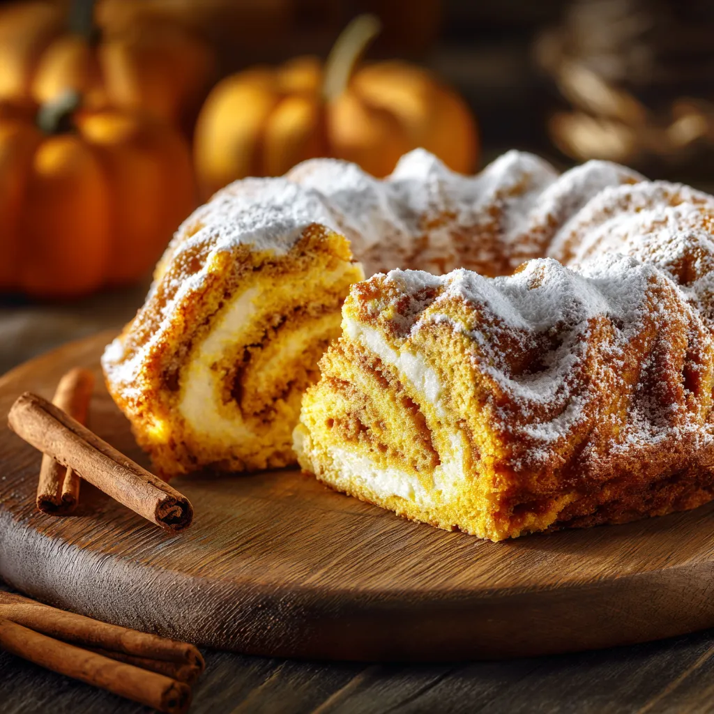 An enticing slice of Pumpkin Spice Roll Cake revealing its creamy filling, set against a softly blurred background.