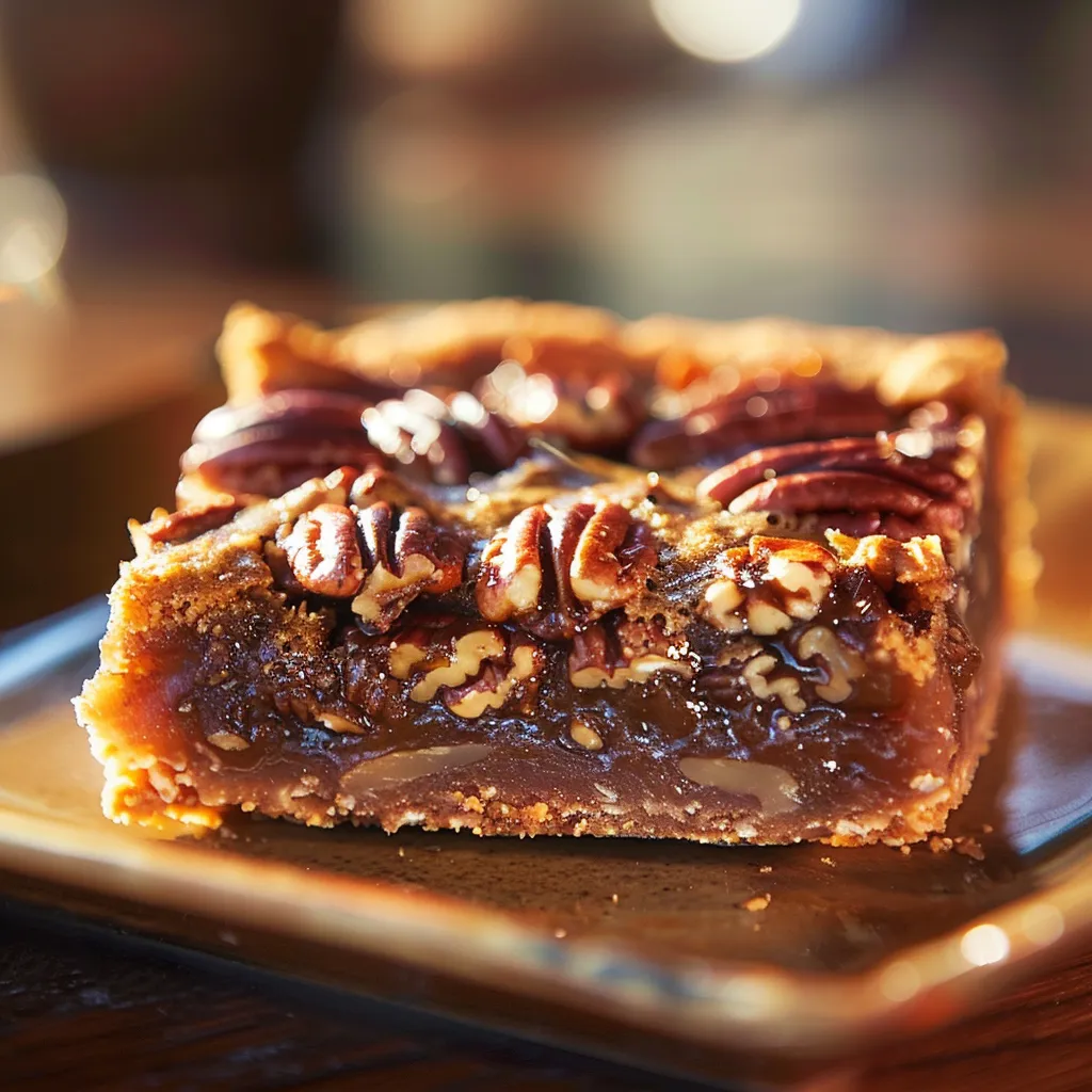 A slice of pecan pie bar with a glossy finish and chopped pecans on top, set against a cozy backdrop.