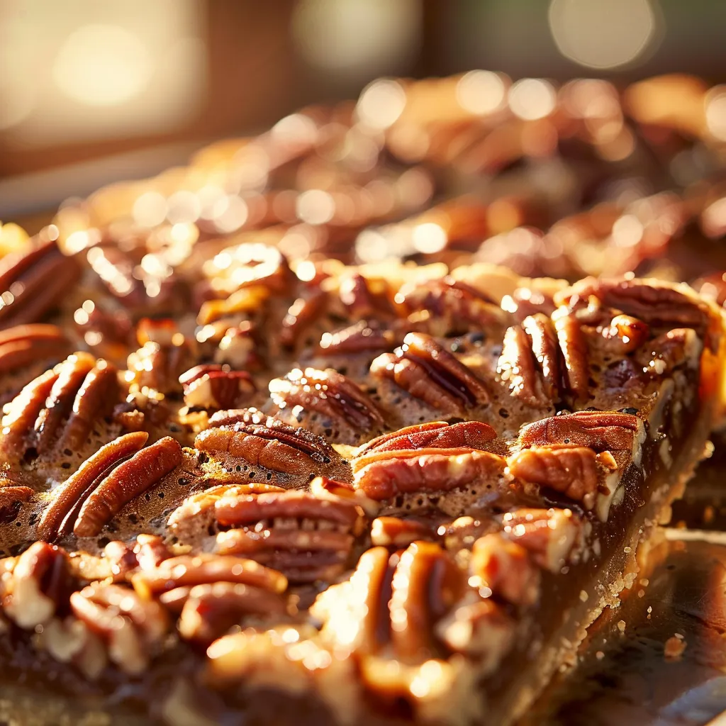 A comforting dish of Buttery Pecan Pie Bars, showcasing a shiny caramel topping and pecans.