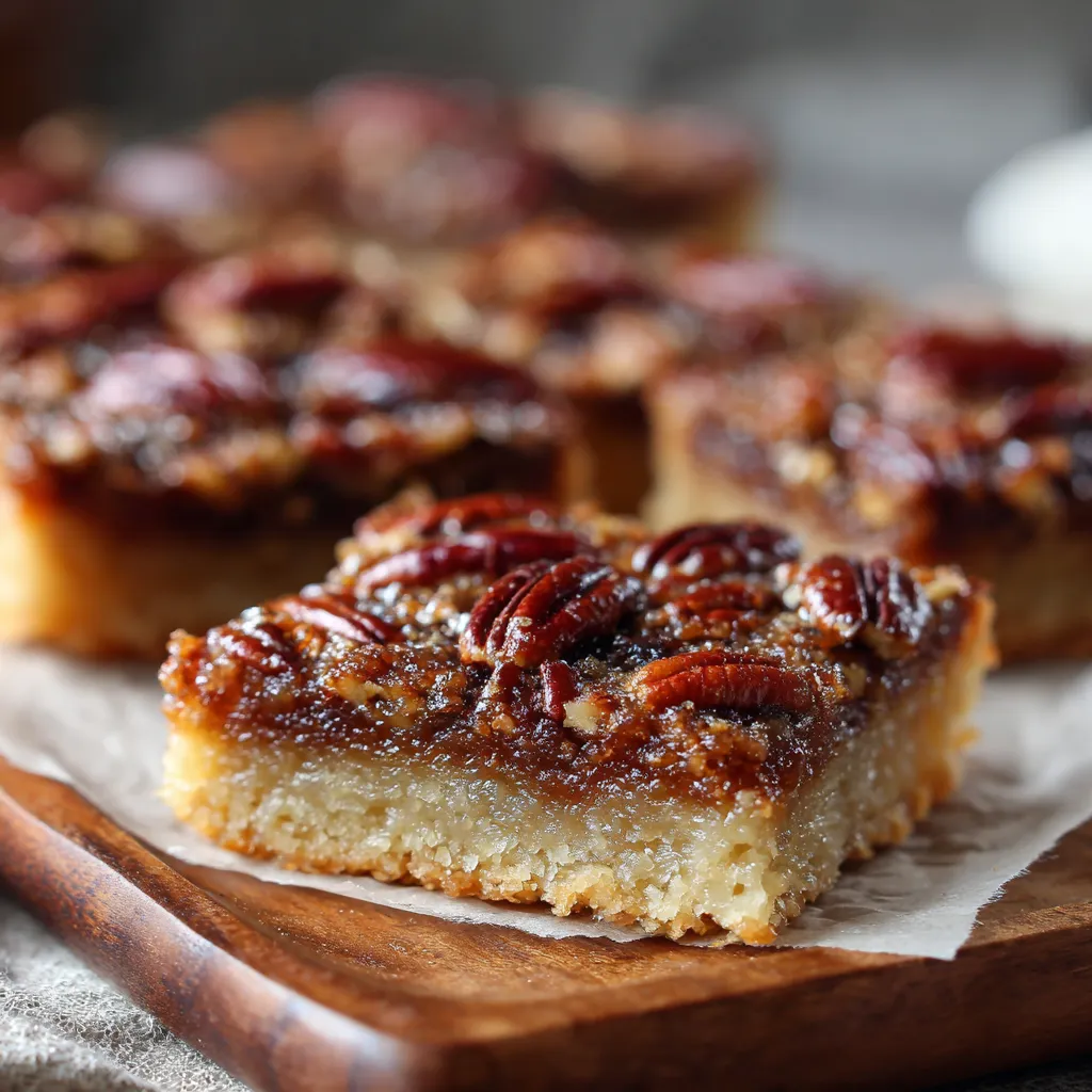 Eye-level shot of freshly baked pecan pie bars, showcasing their gooey filling and crispy edges in warm lighting.
