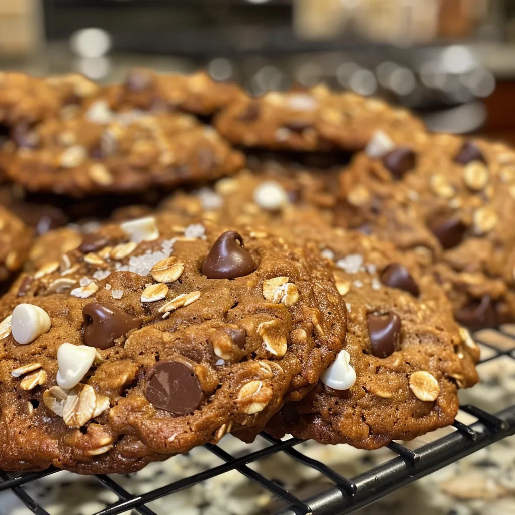 Deliciously baked oatmeal cookies featuring melted chocolate and a soft texture.