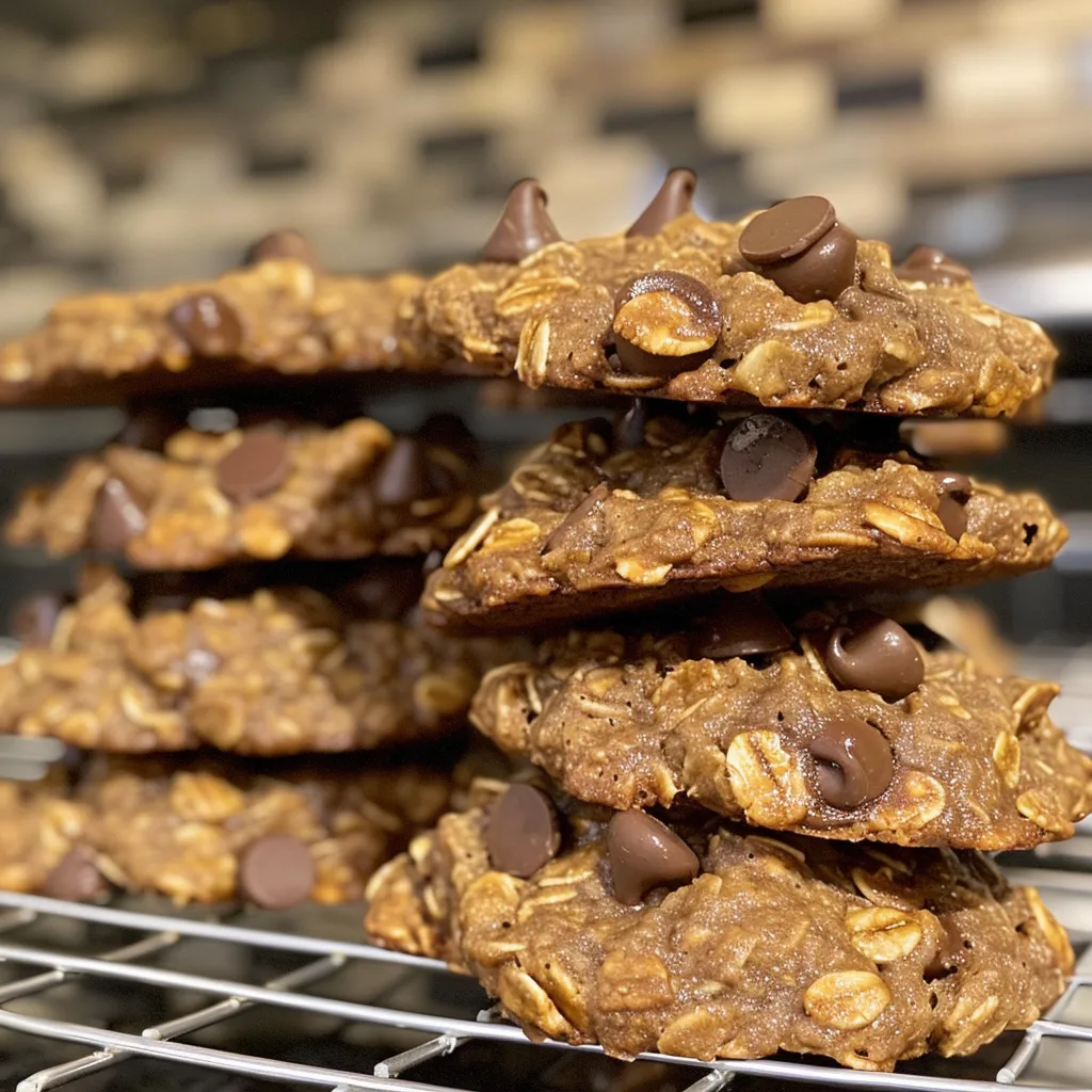 Moist oatmeal cookies with chocolate chips, showcasing texture and ingredients.