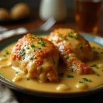 Close-up of Southern Smothered Chicken with rich gravy, served on a plate.