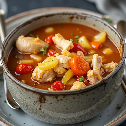 Close-up of Alabama Chicken Stew with colorful vegetables and tender chicken.