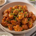 A close-up view of honey sesame chicken, featuring juicy cubed chicken coated in a glossy sauce, garnished with sesame seeds and green onions.