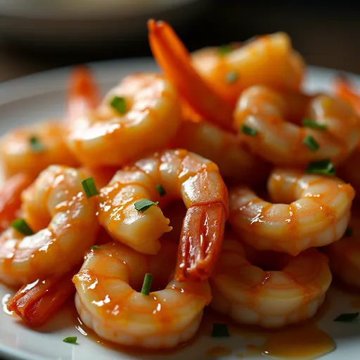 Close-up of honey garlic shrimp with a glossy glaze, garnished with green onions and sesame seeds.