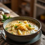 Close-up of a creamy Garlic Herb Potato Cheddar Soup in a white bowl with herbs sprinkled on top.