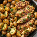 Close-up of a skillet featuring crispy potatoes and garlic butter chicken, beautifully lit.