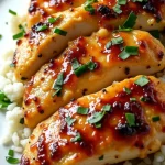 Close-up of honey garlic chicken breasts glistening in natural light.