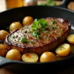 Close-up of a Garlic Butter Steak and Potatoes Skillet with sautéed garlic and herbs.