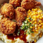 A close-up of a Hearty Southern-Style KFC Bowl featuring crispy chicken, corn, mashed potatoes, and shredded cheese.