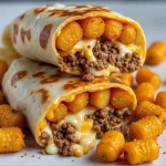 A close-up of cheesy potato burritos filled with tater tots, garnished with green onions.