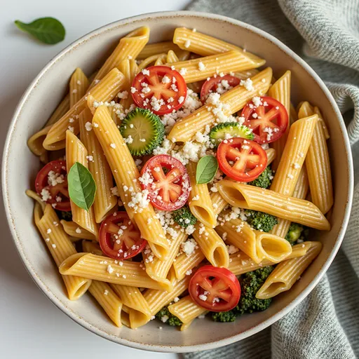 Close-up of a creamy One Pot Broccoli Pasta with vibrant green broccoli and pasta in a bowl, illuminated by natural light.