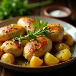 Close-up of Garlic Butter Chicken thighs with diced potatoes, garnished with parsley.