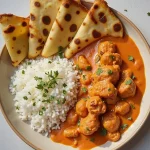 A close-up shot of a creamy homemade butter chicken garnished with parsley and served with naan and rice.