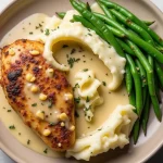 Close-up of creamy garlic parmesan chicken breast with a rich sauce.