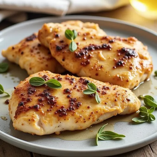 Close-up of a juicy chicken breast drizzled with sauce, garnished with parsley, on a rustic wooden table.