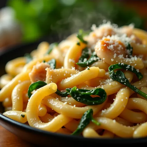 Close-up of a creamy garlic parmesan chicken pasta dish with whole wheat pasta and spinach.
