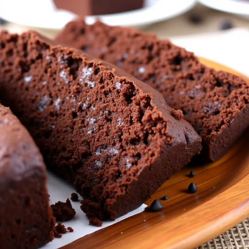 Close-up of a moist Egg Free Chocolate Banana Bread with chocolate chips on a wooden cutting board.