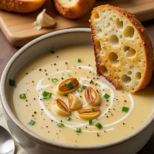 Close-up of a steaming bowl of Country French Garlic Soup topped with parsley.