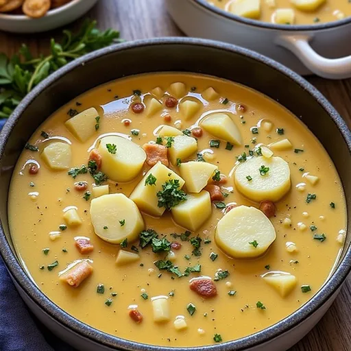 Close-up of creamy Cajun potato soup garnished with green onions in a warm bowl.
