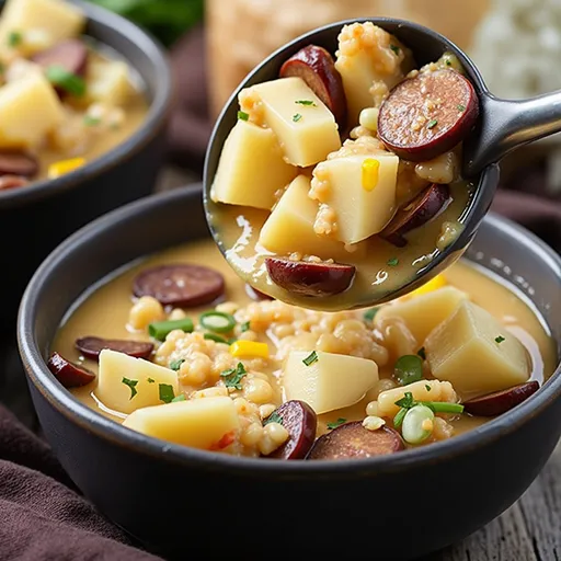 Close-up of a bowl of creamy Cajun Potato Soup, garnished with green onions.