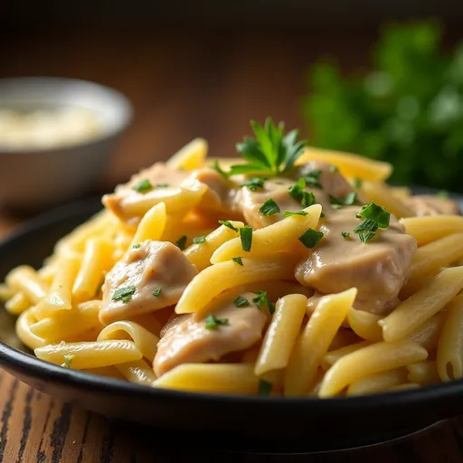 Bowl of creamy chicken garlic parmesan pasta with parsley garnish.