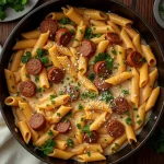 Close-up of creamy Cajun sausage pasta with vibrant bell peppers and a sprinkle of parsley.