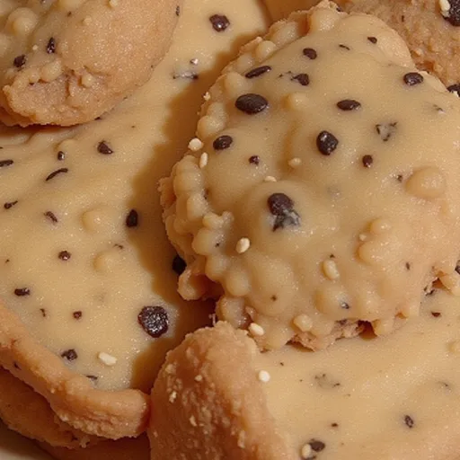 Close-up of freshly baked peanut butter banana dog treats on a wooden surface.