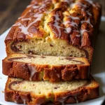 A warm slice of Cinnamon Swirl Banana Bread on a rustic wooden table, showcasing its golden crust and swirling patterns.