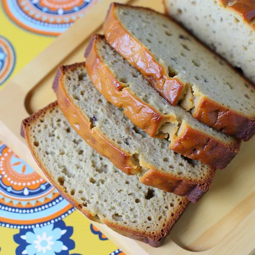Close-up of moist banana bread with a golden crust and chunks of walnuts, set against a blurred background.