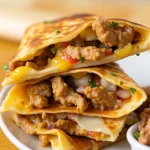 Close-up of a golden-brown Chicken Quesadilla filled with melted cheese and shredded chicken, garnished with sliced bell peppers and onions.