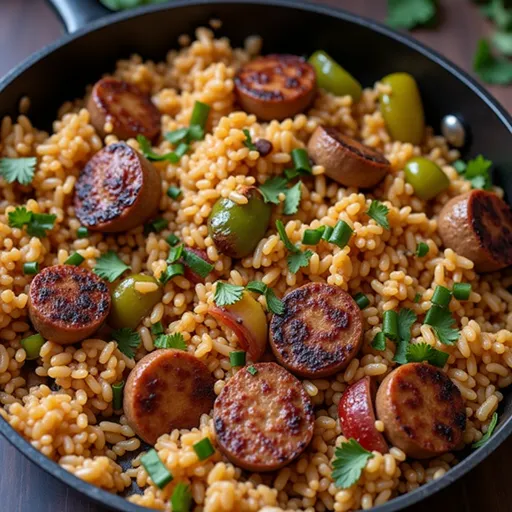 Close-up of a Cajun Sausage and Rice Skillet, showcasing vibrant ingredients and textures.