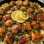 Close-up of a savory One Pan Honey Butter Garlic Chicken and Rice dish with golden chicken thighs and green peas.