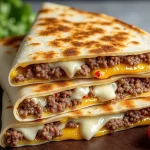 Close-up of a melted, cheesy Smashburger Quesadilla with ground beef and colorful toppings.