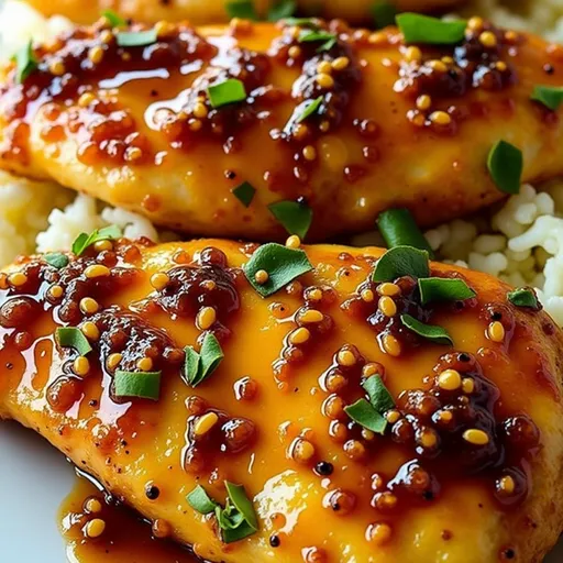 Close-up of Honey Garlic Chicken Breasts garnished with green onions in warm natural light.