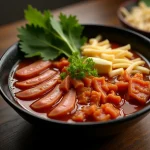Close-up of Budae Jjigae, featuring vibrant kimchi, sliced spam, and hot dog sausages in a warm broth.