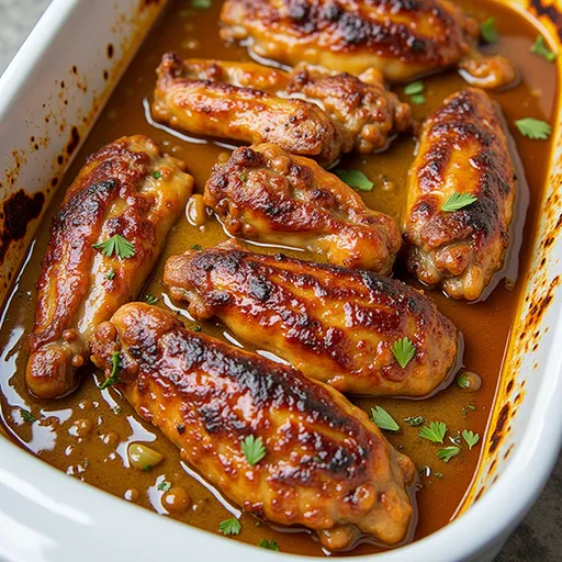 Delicious turkey wings with rich gravy, sliced onions, and fresh parsley on a plate.