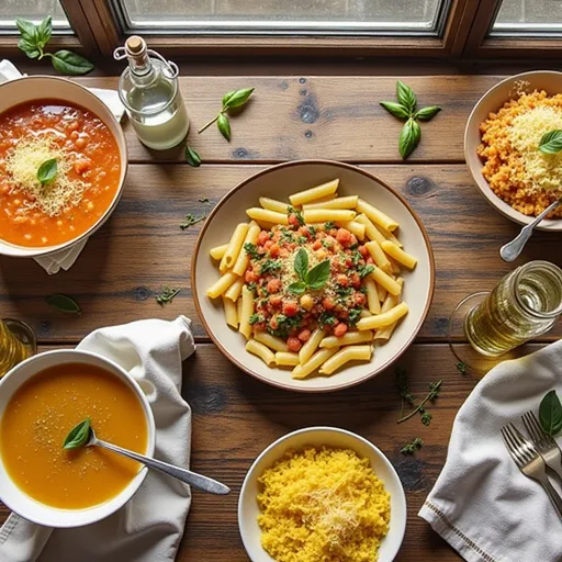 An inviting plate of pasta served with a bowl of tomato soup, highlighted by soft natural lighting.