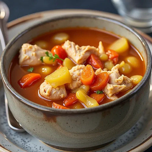 A warm bowl of Alabama Chicken Stew featuring diced carrots, celery, and green beans.