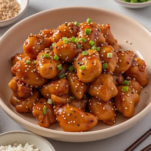 An appetizing plate of easy honey sesame chicken, with tender chicken pieces bathed in a rich honey glaze and sprinkled with sesame seeds.