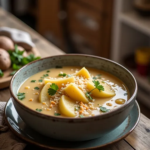 A delicious bowl of Garlic Herb Potato Cheddar Soup with soft shadows and natural light highlighting its texture.