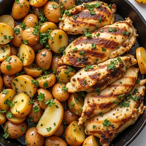 Eye-level shot of a savory dish with golden potatoes and tender chicken in garlic butter.